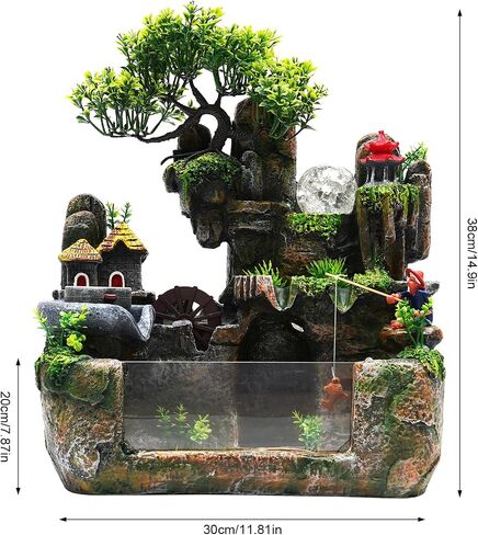 Water Fountain Rockery Ornaments with Fish Tanks,Desktop Water Fountain with Fish Tank,with LED Light and Mist Maker,Resin Zen Waterfall Fountain Decor for Home Office Living Room Desk Decorat in Saudi Arabia