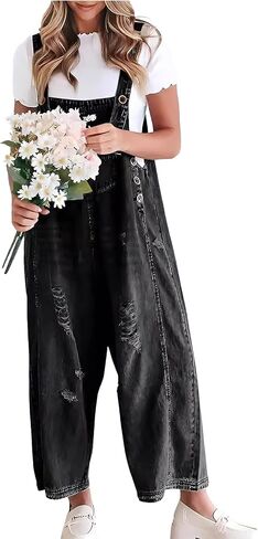 ebossy Women's Vintage Distressed Ripped Denim Bib Overalls Adjustable Strap Wide Leg Loose Jean Jumpsuit Rompers in Kuwait