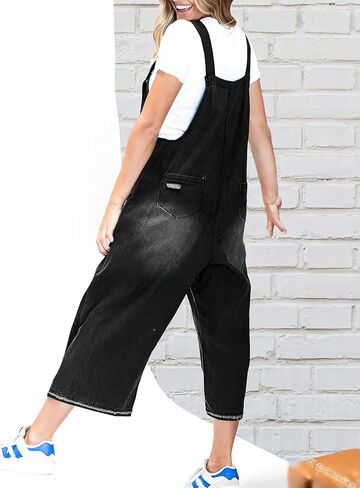 ebossy Women's Vintage Distressed Ripped Denim Bib Overalls Adjustable Strap Wide Leg Loose Jean Jumpsuit Rompers in Kuwait