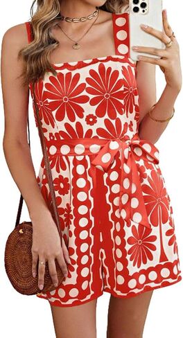 utcoco Women's Summer Rompers Sleeveless Floral Print High Waist Wide Leg Shorts Overalls Jumpsuit with Belt (Medium, Red) in Kuwait