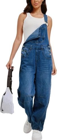 Women's Denim barrel Overalls Straight Wide Leg Adjustable Strap Jean loose fit Casual Jumpsuit Sleeveless Bib Jumpers in Kuwait