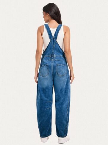 Women's Denim barrel Overalls Straight Wide Leg Adjustable Strap Jean loose fit Casual Jumpsuit Sleeveless Bib Jumpers in Kuwait