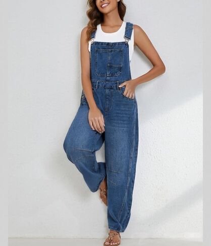 Women's Denim barrel Overalls Straight Wide Leg Adjustable Strap Jean loose fit Casual Jumpsuit Sleeveless Bib Jumpers in Kuwait