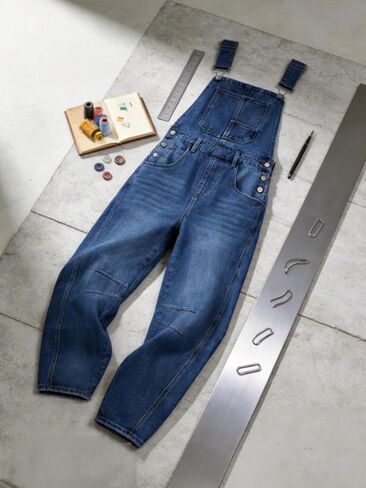 Women's Denim barrel Overalls Straight Wide Leg Adjustable Strap Jean loose fit Casual Jumpsuit Sleeveless Bib Jumpers in Kuwait