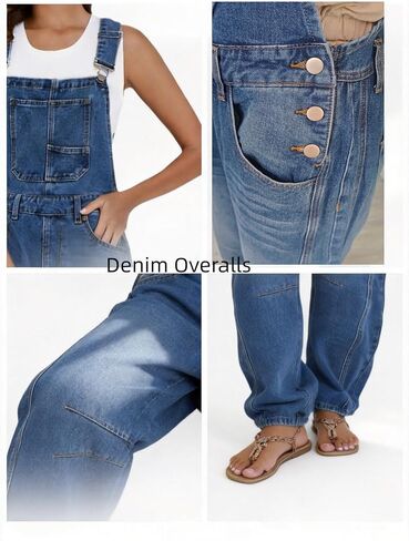 Women's Denim barrel Overalls Straight Wide Leg Adjustable Strap Jean loose fit Casual Jumpsuit Sleeveless Bib Jumpers in Kuwait