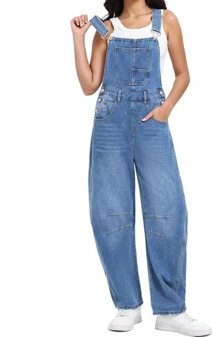 Women's Denim barrel Overalls Straight Wide Leg Adjustable Strap Jean loose fit Casual Jumpsuit Sleeveless Bib Jumpers in Saudi Arabia