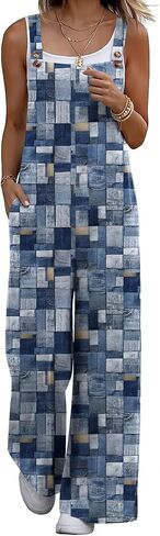 Ekouaer Overalls for Women Loose Wide Leg Jumpsuits Casual One Piece Boho Outfits Baggy Jumpers Sleeveless Summer Rompers Blue Boho Print XXL in Kuwait
