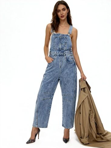 Women's Denim barrel Overalls Straight Wide Leg Adjustable Strap Jean loose fit Casual Jumpsuit Sleeveless Bib Jumpers in Kuwait
