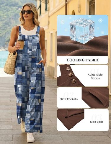 Ekouaer Overalls for Women Loose Wide Leg Jumpsuits Casual One Piece Boho Outfits Baggy Jumpers Sleeveless Summer Rompers Blue Boho Print XXL in Kuwait