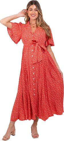 PinkBlush Flutter Sleeve Button Down Maternity Maxi Dress in Kuwait