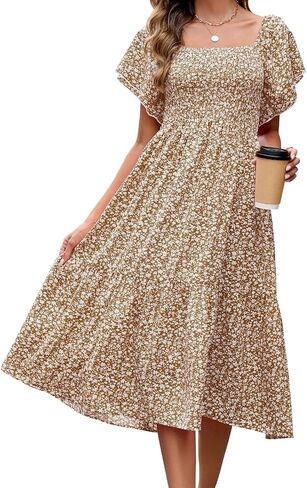 Summer Casual Floral Dresses for Women Beach Vacation Midi Sundresses Short Sleeve Square Neck Boho Flowy Smocked Dress in Kuwait