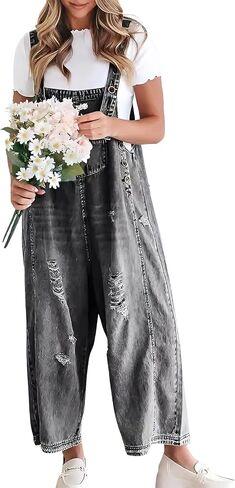 ebossy Women's Vintage Distressed Ripped Denim Bib Overalls Adjustable Strap Wide Leg Loose Jean Jumpsuit Rompers in Kuwait