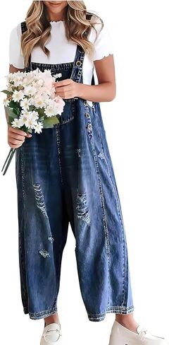 ebossy Women's Vintage Distressed Ripped Denim Bib Overalls Adjustable Strap Wide Leg Loose Jean Jumpsuit Rompers in Kuwait