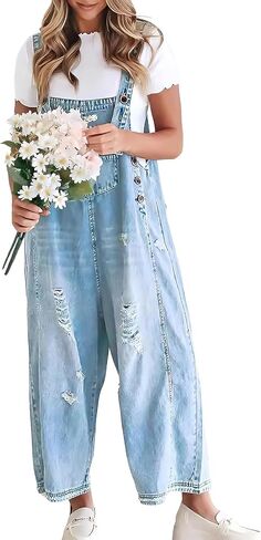 ebossy Women's Vintage Distressed Ripped Denim Bib Overalls Adjustable Strap Wide Leg Loose Jean Jumpsuit Rompers in Kuwait