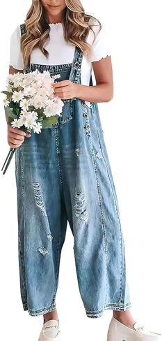 ebossy Women's Vintage Distressed Ripped Denim Bib Overalls Adjustable Strap Wide Leg Loose Jean Jumpsuit Rompers in Kuwait