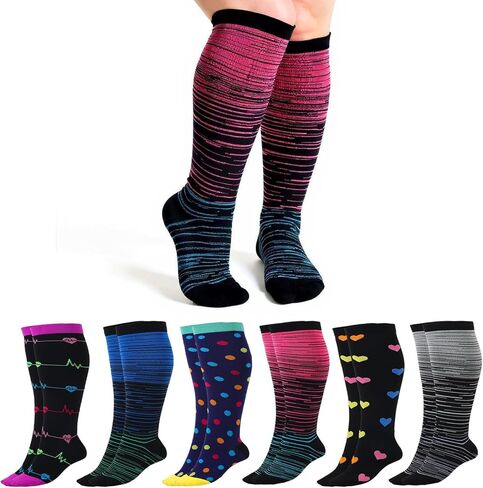 Prasacco 6 Pairs Plus Size Compression Socks for Women Wide Calf Knee High Compression Stockings for Circulation Travel Yoga Running, XXXX-Large in Kuwait