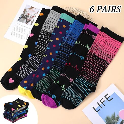 Prasacco 6 Pairs Plus Size Compression Socks for Women Wide Calf Knee High Compression Stockings for Circulation Travel Yoga Running, XXXX-Large in Kuwait