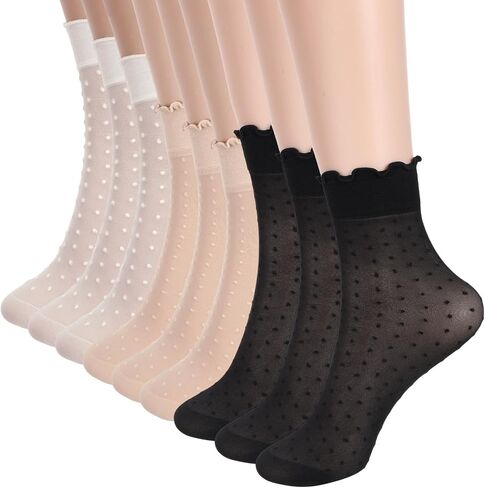JJUNW 9 Pairs Women's Sheer Ruffled Socks, 3 Colors Dot Sheer Socks Lace Ankle Stockings Casual Ultra Thin Cool Silk Socks for Women in Kuwait