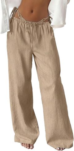 MakeMeChic Women's Linen Pants Summer Beach Wide Leg Low Rise Baggy Pants Trousers in Saudi Arabia