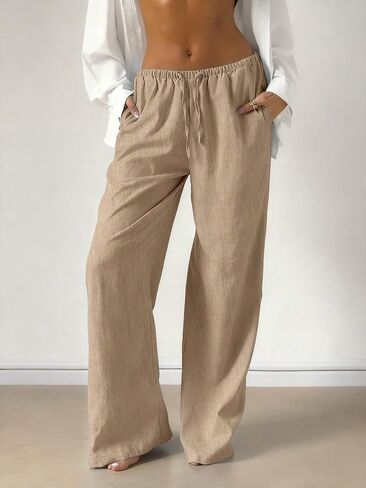 MakeMeChic Women's Linen Pants Summer Beach Wide Leg Low Rise Baggy Pants Trousers in Saudi Arabia