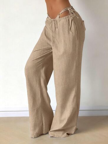 MakeMeChic Women's Linen Pants Summer Beach Wide Leg Low Rise Baggy Pants Trousers in Saudi Arabia