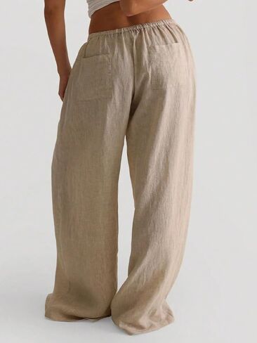 MakeMeChic Women's Linen Pants Summer Beach Wide Leg Low Rise Baggy Pants Trousers in Saudi Arabia