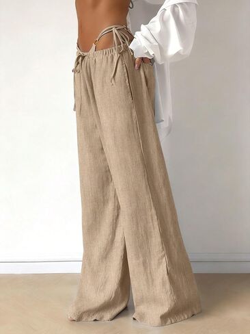 MakeMeChic Women's Linen Pants Summer Beach Wide Leg Low Rise Baggy Pants Trousers in Saudi Arabia