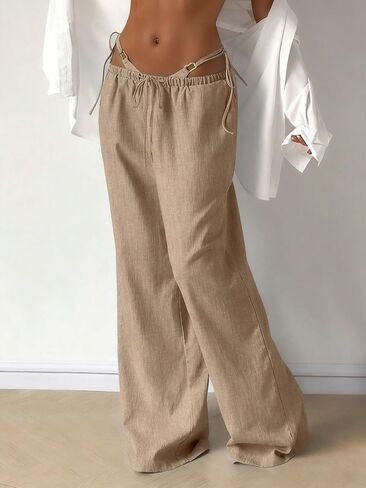 MakeMeChic Women's Linen Pants Summer Beach Wide Leg Low Rise Baggy Pants Trousers in Saudi Arabia