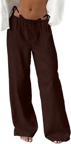 MakeMeChic Women's Linen Pants Summer Beach Wide Leg Low Rise Baggy Pants Trousers in Saudi Arabia