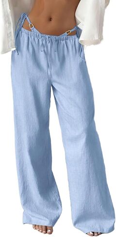 MakeMeChic Women's Linen Pants Summer Beach Wide Leg Low Rise Baggy Pants Trousers in Saudi Arabia