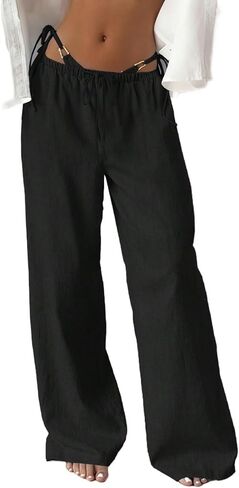 MakeMeChic Women's Linen Pants Summer Beach Wide Leg Low Rise Baggy Pants Trousers in Saudi Arabia