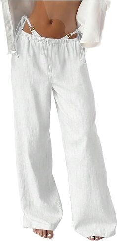 MakeMeChic Women's Linen Pants Summer Beach Wide Leg Low Rise Baggy Pants Trousers in Saudi Arabia