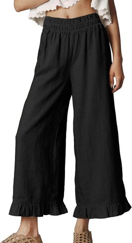 Women's Cotton Linen Wide Leg Pants Summer Casual High Waist Ruffle Hem Cropped Trousers with Pockets for Daily in Saudi Arabia