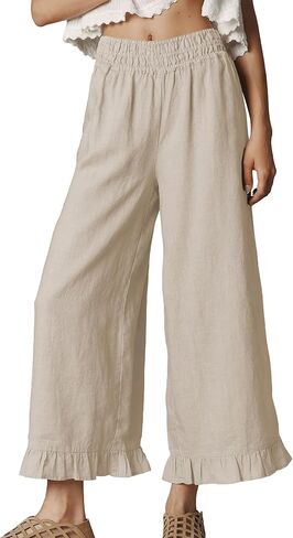 Women's Cotton Linen Wide Leg Pants Summer Casual High Waist Ruffle Hem Cropped Trousers with Pockets for Daily in Saudi Arabia