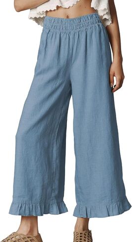 Women's Cotton Linen Wide Leg Pants Summer Casual High Waist Ruffle Hem Cropped Trousers with Pockets for Daily in Saudi Arabia