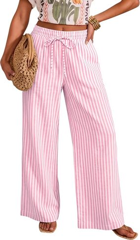 OMSJ Women's Cotton Striped Casual Palazzo Pants Drawstring Elastic Waist Summer Wide Leg Long Lounge Trousers with Pockets in Saudi Arabia