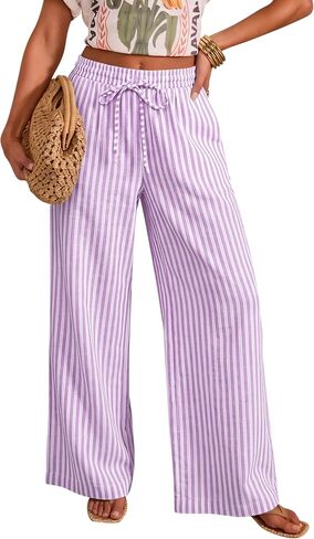 OMSJ Women's Cotton Striped Casual Palazzo Pants Drawstring Elastic Waist Summer Wide Leg Long Lounge Trousers with Pockets in Saudi Arabia