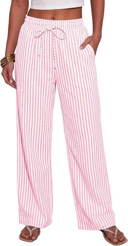 OMSJ Women's Cotton Striped Casual Palazzo Pants Drawstring Elastic Waist Summer Wide Leg Long Lounge Trousers with Pockets in Saudi Arabia