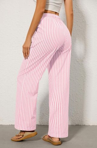 OMSJ Women's Cotton Striped Casual Palazzo Pants Drawstring Elastic Waist Summer Wide Leg Long Lounge Trousers with Pockets in Saudi Arabia