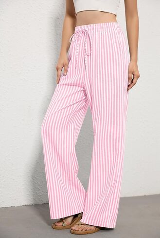OMSJ Women's Cotton Striped Casual Palazzo Pants Drawstring Elastic Waist Summer Wide Leg Long Lounge Trousers with Pockets in Saudi Arabia