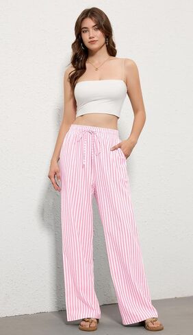OMSJ Women's Cotton Striped Casual Palazzo Pants Drawstring Elastic Waist Summer Wide Leg Long Lounge Trousers with Pockets in Saudi Arabia
