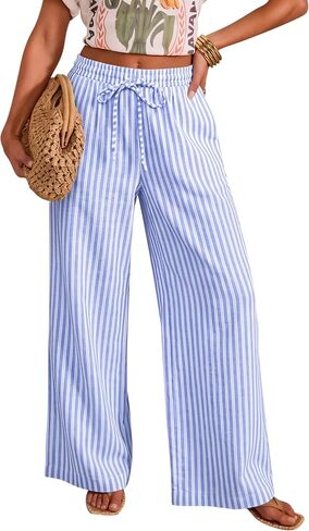 OMSJ Women's Cotton Striped Casual Palazzo Pants Drawstring Elastic Waist Summer Wide Leg Long Lounge Trousers with Pockets in Saudi Arabia