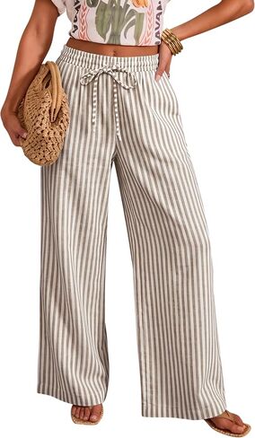 OMSJ Women's Cotton Striped Casual Palazzo Pants Drawstring Elastic Waist Summer Wide Leg Long Lounge Trousers with Pockets in Saudi Arabia