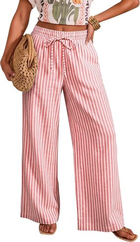 OMSJ Women's Cotton Striped Casual Palazzo Pants Drawstring Elastic Waist Summer Wide Leg Long Lounge Trousers with Pockets in Saudi Arabia