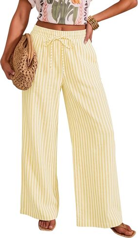 OMSJ Women's Cotton Striped Casual Palazzo Pants Drawstring Elastic Waist Summer Wide Leg Long Lounge Trousers with Pockets in Saudi Arabia