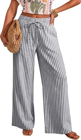 OMSJ Women's Cotton Striped Casual Palazzo Pants Drawstring Elastic Waist Summer Wide Leg Long Lounge Trousers with Pockets in Saudi Arabia