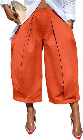 Unybwonn Capri Pants for Women Wide Leg Barrel Balloon Cropped Trousers Pleated High Waist Baggy Harem Long Shorts Jorts in Kuwait