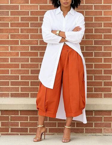Unybwonn Capri Pants for Women Wide Leg Barrel Balloon Cropped Trousers Pleated High Waist Baggy Harem Long Shorts Jorts in Kuwait