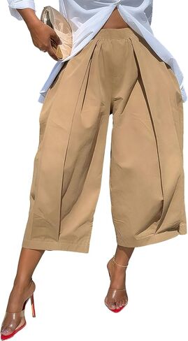 Unybwonn Capri Pants for Women Wide Leg Barrel Balloon Cropped Trousers Pleated High Waist Baggy Harem Long Shorts Jorts in Kuwait