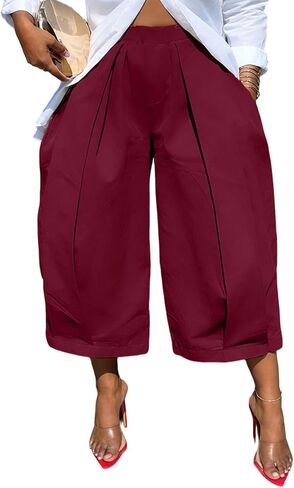 Unybwonn Capri Pants for Women Wide Leg Barrel Balloon Cropped Trousers Pleated High Waist Baggy Harem Long Shorts Jorts in Kuwait